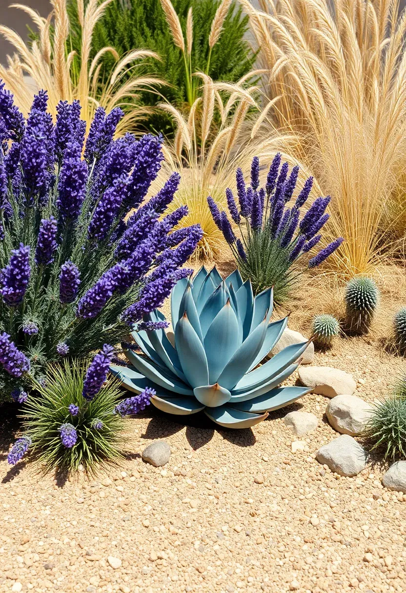 A gravel garden with lavender, agave, ornamental grasses, and yucca thriving in decomposed granite mulch under bright sun