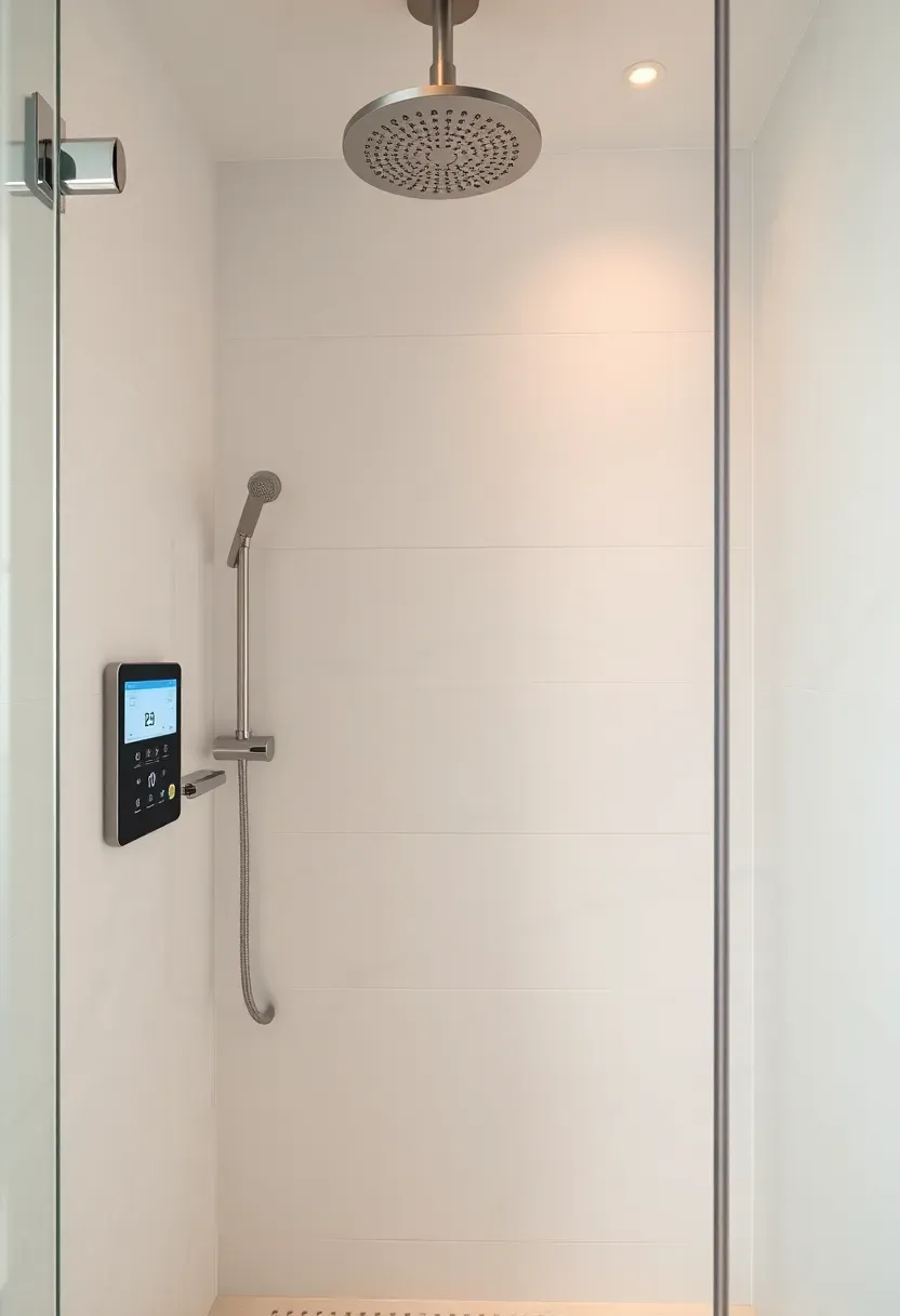 Smart shower with digital touchscreen controls, programmable presets, and ceiling rainfall showerhead in modern bathroom