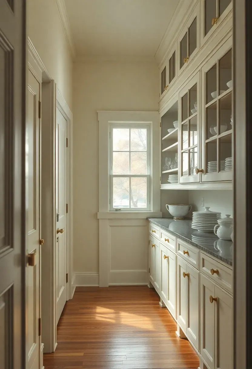 Hyper-realistic side view of narrow butler's pantry space in tiny colonial house. Space features floor-to-ceiling cabinets on both walls with narrow central aisle, marble countertop along one wall, open shelving upper section. Materials: painted white cabinetry with colonial crown molding, brass hardware, marble countertop, cream walls, wide-plank floors. Warm ambient light from multi-pane window end of space, highlighting countertop and cabinet contents. Shallow depth of field showing cabinet interiors with organized dishes and glassware. Visible room context—kitchen entrance left, dining right. Functional colonial serving space mood.</p>