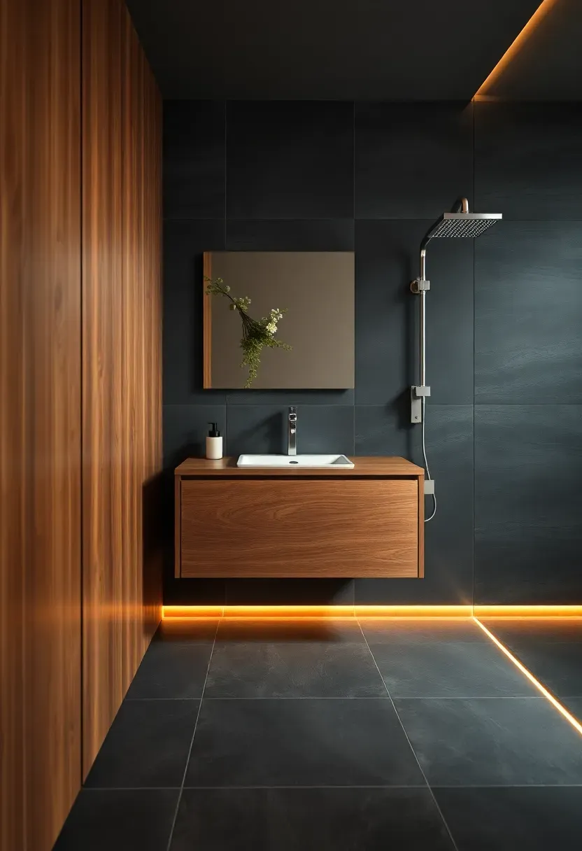 Moody spa bathroom in storm gray tones with large format matte wall tiles, floating teak vanity, rain shower head, and a single eucalyptus bundle