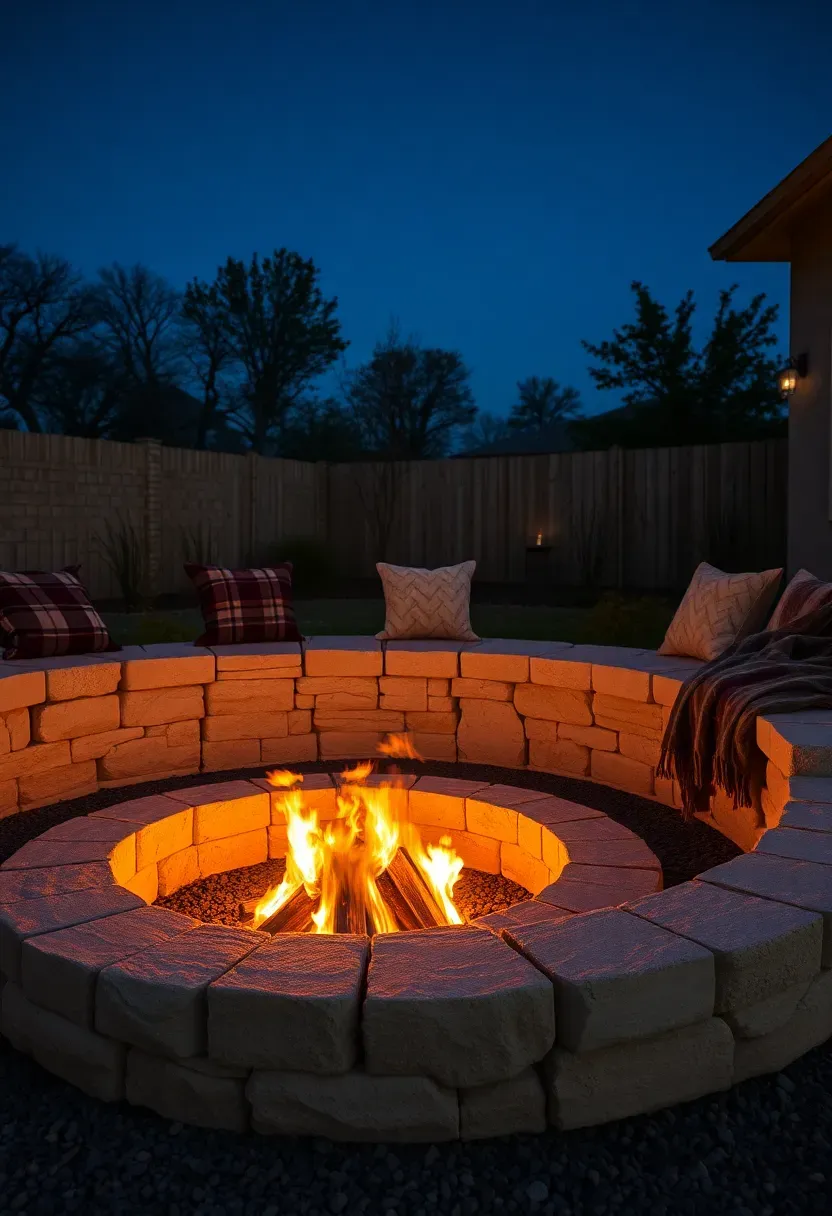 Sunken fire pit with built-in limestone bench seating in a Texas backyard at dusk, with flames glowing and blankets draped over seats
