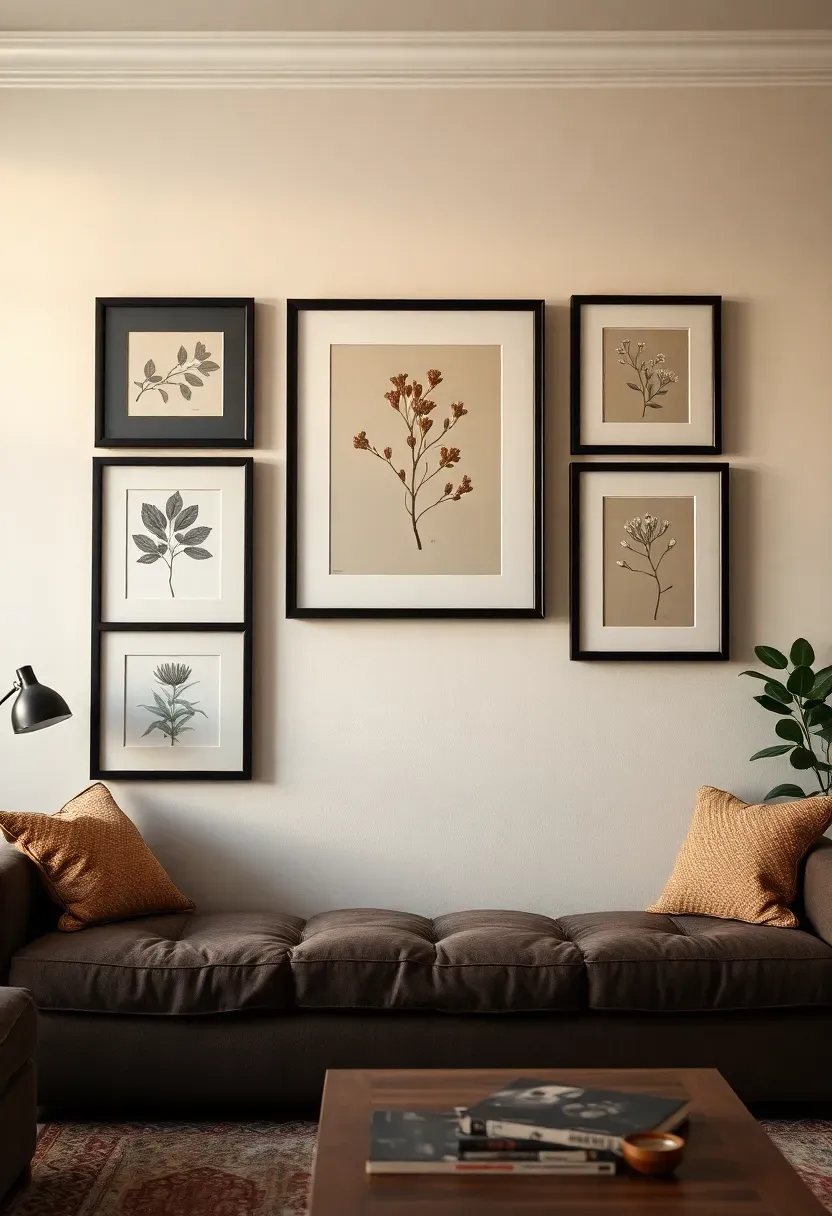 Living room gallery wall with matching matte black frames holding botanical prints and abstract artworks, even spacing throughout on a warm white wall