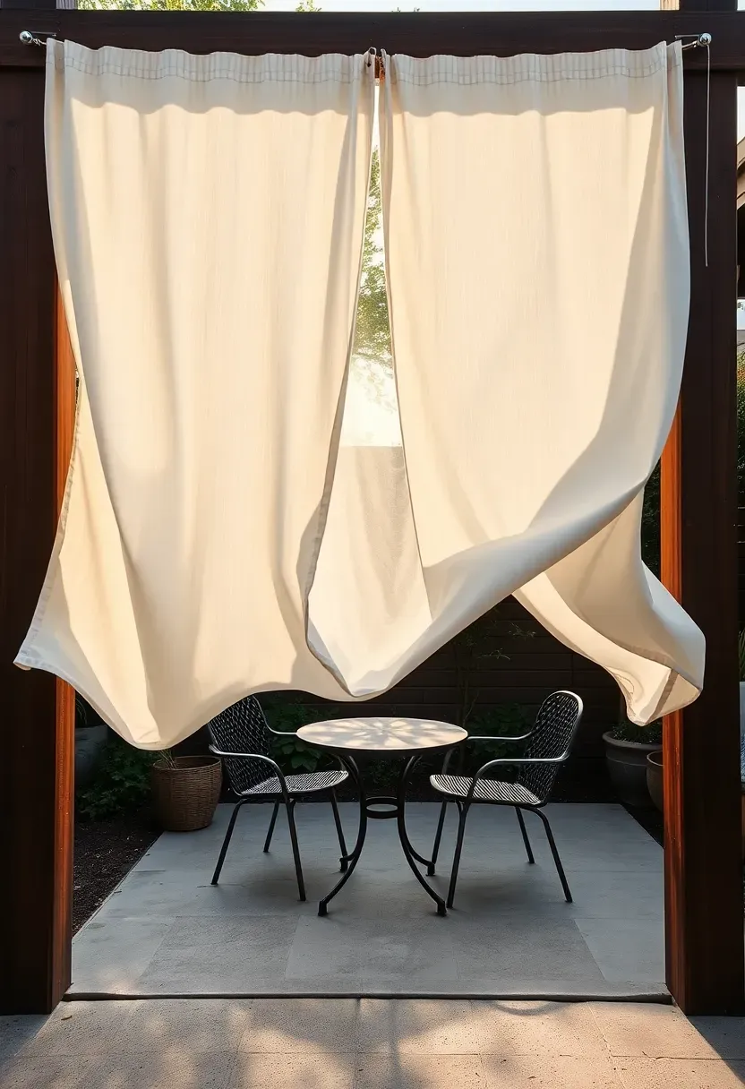 Flowing white outdoor curtain panels hung from a cable between posts creating a soft privacy enclosure on a backyard patio