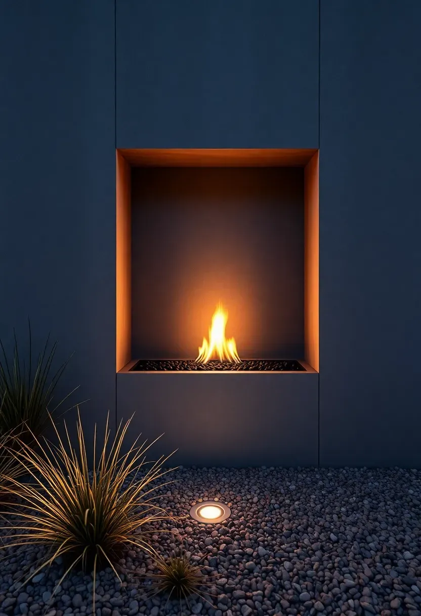 A sleek modern concrete outdoor fireplace wall with a rectangular firebox and minimalist landscaping at night