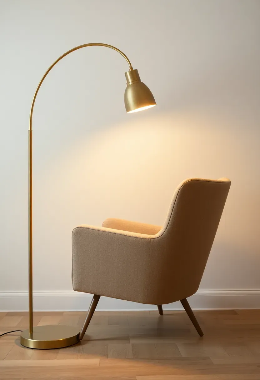 Hyper-realistic side view of arched brass floor lamp with slender stem reaching over beige Scandinavian armchair, warm illuminated shade positioned beside chair for reading. Weighted brass base, curved metal arm. Light oak floor, white wall behind. Materials: brushed brass finish, linen shade, fabric upholstery. Warm lamp glow creating cozy reading nook atmosphere. Soft ambient room light. Intimate zone definition mood. Shallow depth of field focused on lamp shade and chair arm. No text, no logos, no watermarks.</p>