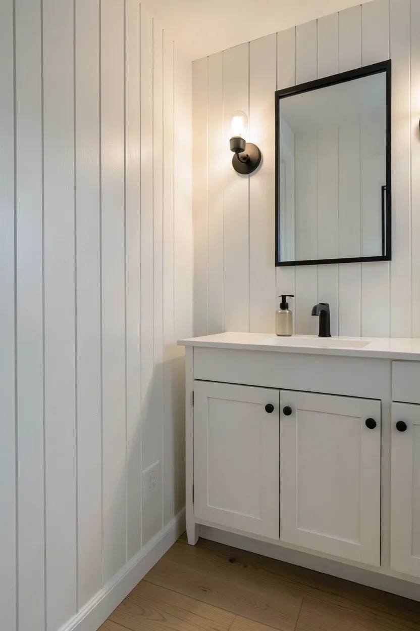 White vertical shiplap bathroom walls with matte black faucet and mirror frame for modern contrast in small space