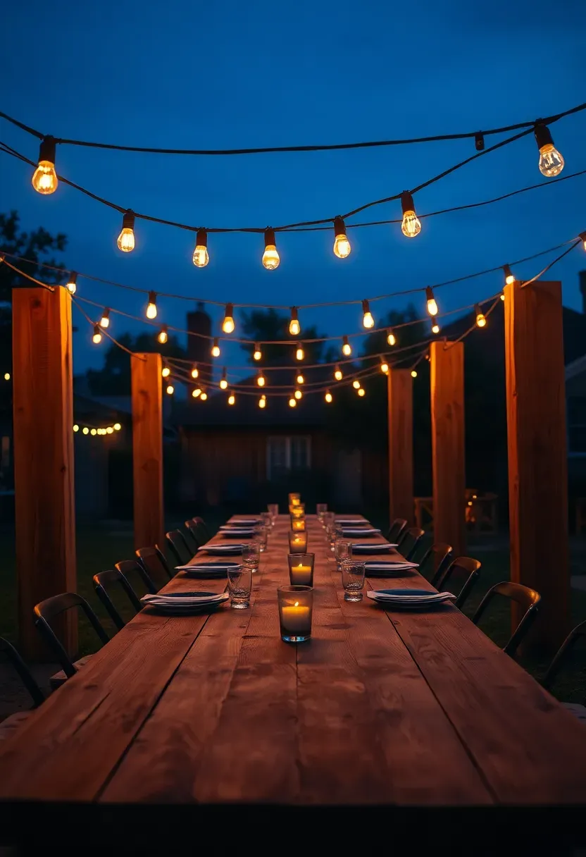 Backyard string light canopy with warm Edison bulbs strung in parallel lines above an outdoor dining area at twilight