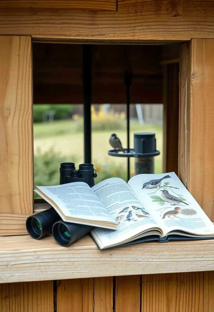 A small wooden observation blind with an open viewing window set up near a backyard bird feeder with binoculars resting on the ledge and a field guide open beside them
