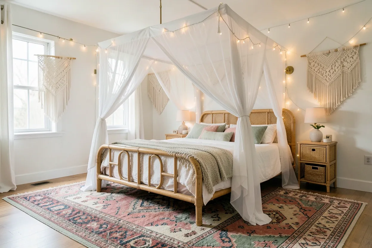 Dreamy boho bedroom for renters with layered textiles, macramé wall hanging, rattan accents, and warm string light canopy