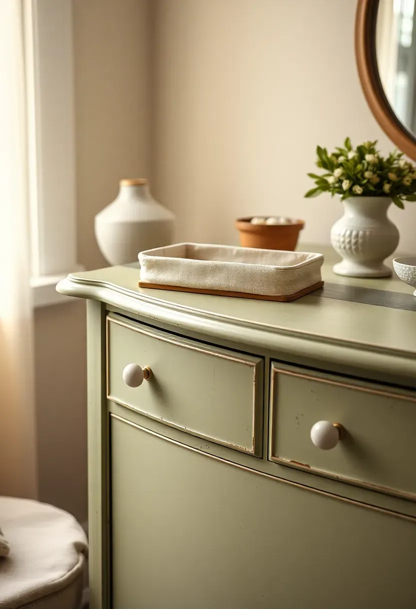 Chippy-paint sage dresser with porcelain knobs