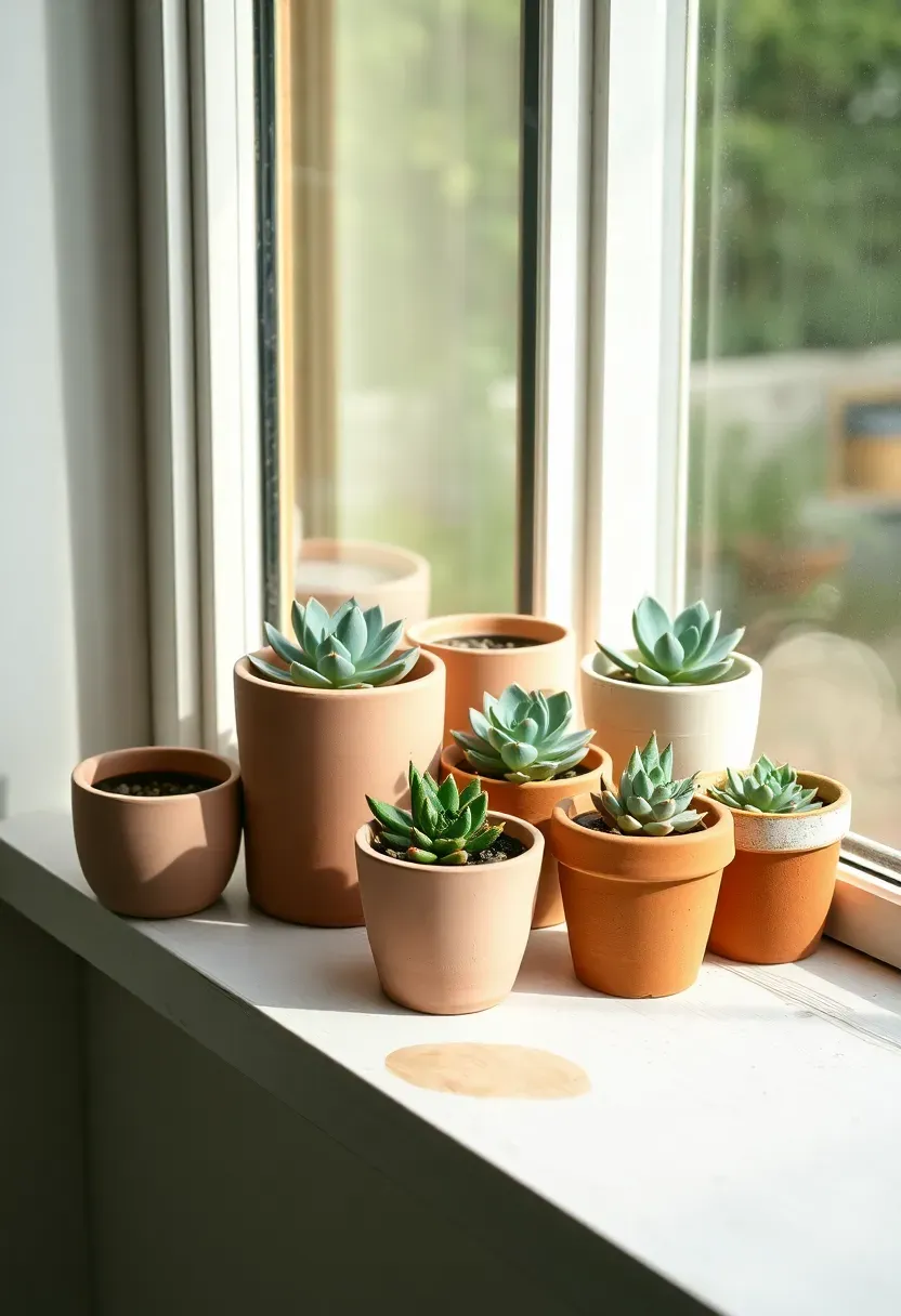 Collection of hand-painted terracotta pots in muted earth tones -- blush, sage, cream, and burnt sienna -- grouped on a sunroom windowsill with small succulents inside