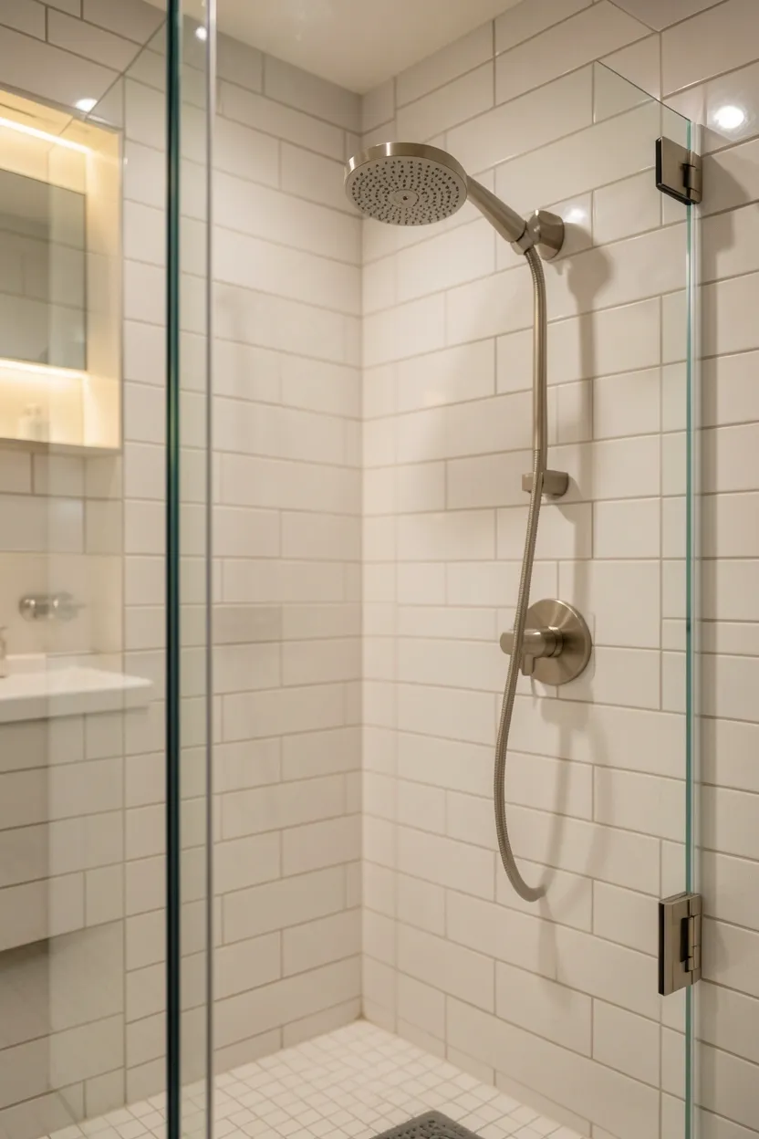Frameless clear glass shower enclosure in a small apartment bathroom, opening up the space and allowing light to flow freely for a spa-like feel