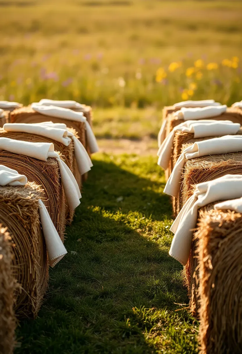 Hay bales arranged in rows as ceremony seating at a rustic backyard wedding with blankets draped over them and a wildflower meadow in the background