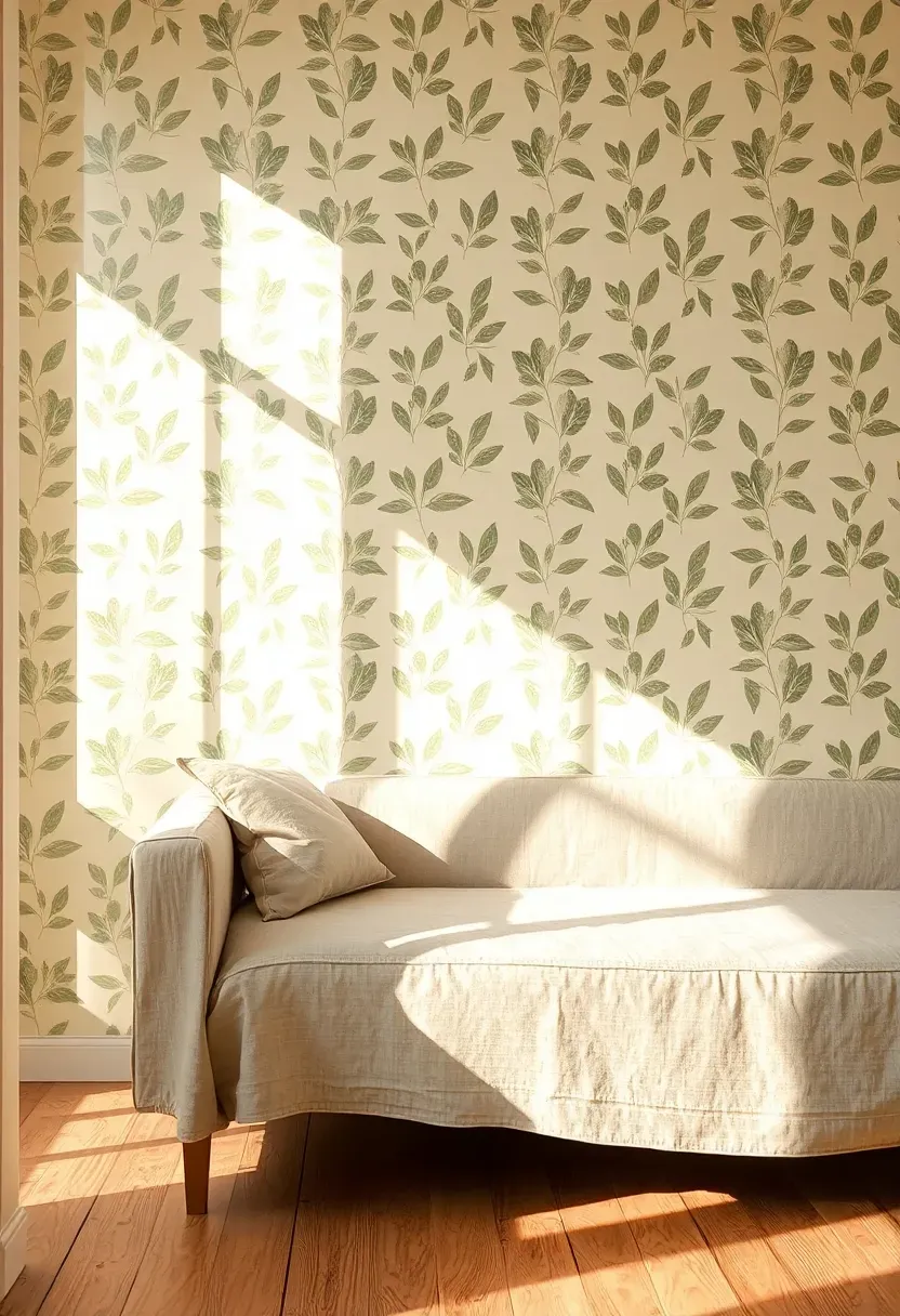 Apartment sunroom accent wall behind a low seating area covered in removable wallpaper with a subtle botanical leaf pattern in muted sage green and cream, the pattern catching afternoon window light