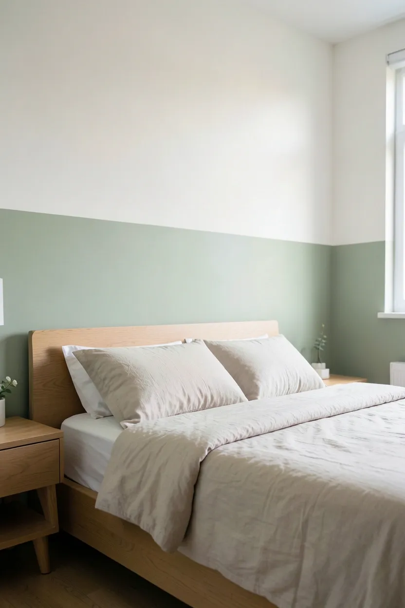 Two-tone bedroom walls with sage green lower half and warm white upper half above white bedding and wood furniture