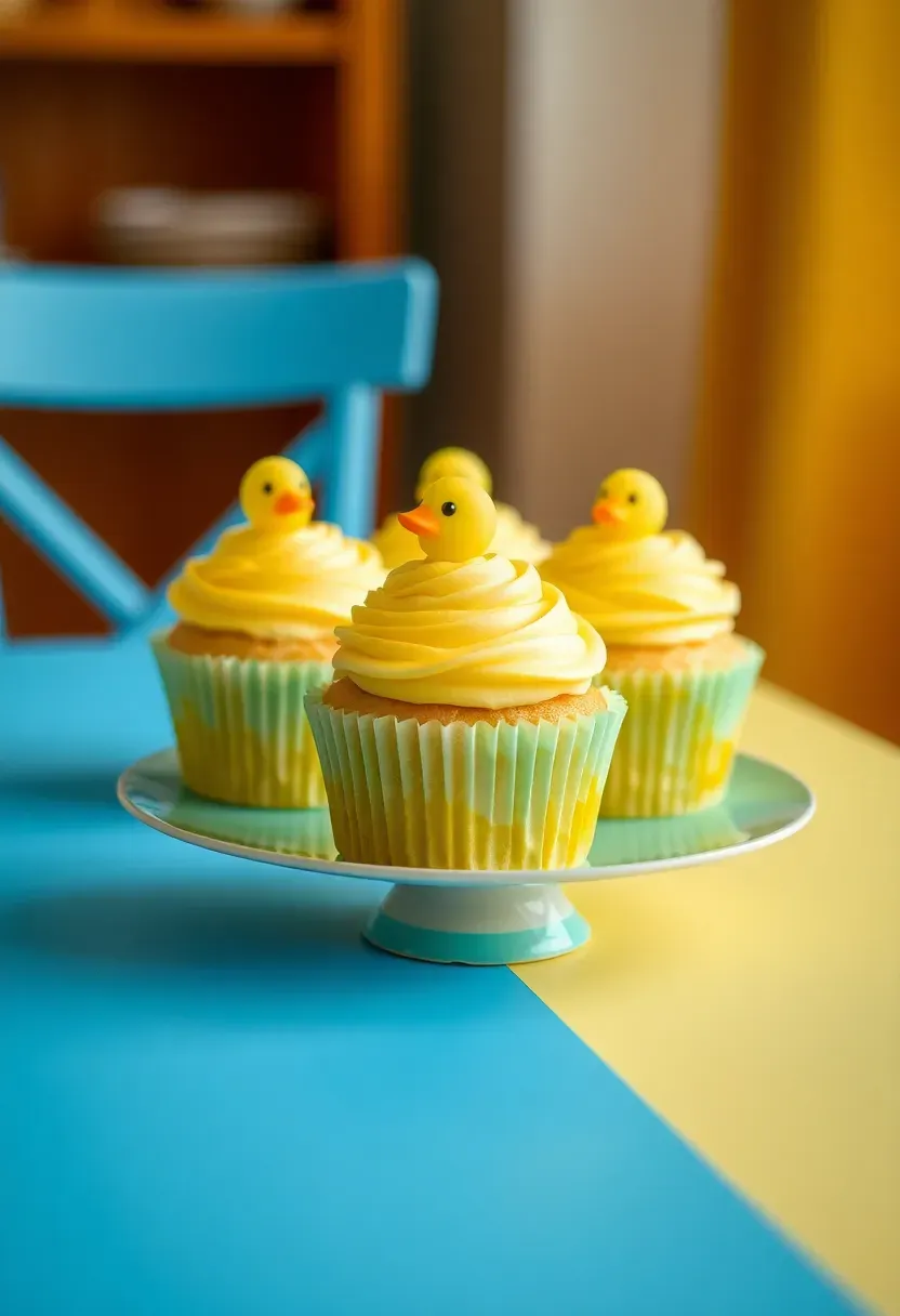 bright yellow lemon cupcakes with rubber duck fondant toppers in a blue and yellow baby shower display
