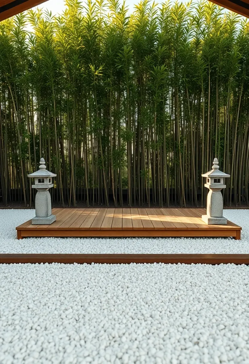 Open-air meditation pavilion with a low timber platform surrounded by raked gravel, four stone lanterns at the corners, and a distant view of a bamboo hedge
