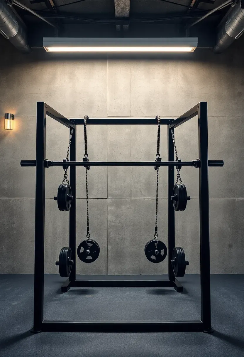 Functional trainer cable machine with dual pulleys mounted against a basement wall, weight stacks visible on each side