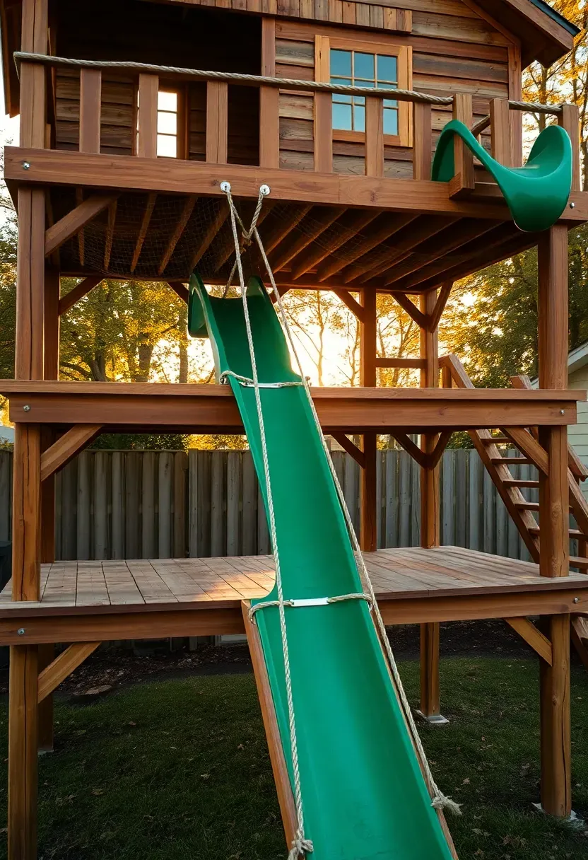 Multi-level wooden playhouse platform in a backyard with connected decks at different heights, a rope bridge, and a tube slide descending from the top level