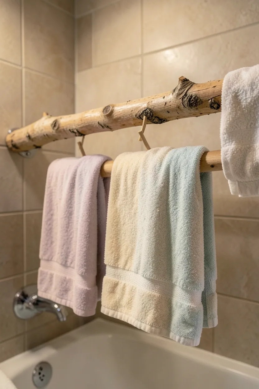 Natural hardwood tree branch mounted as a towel rack in a warm family bathroom with colorful towels hanging from it