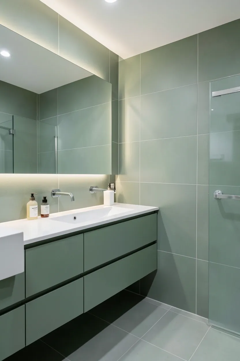 Contemporary sage green floating vanity bathroom with under-cabinet lighting, light gray countertop, and frameless glass shower