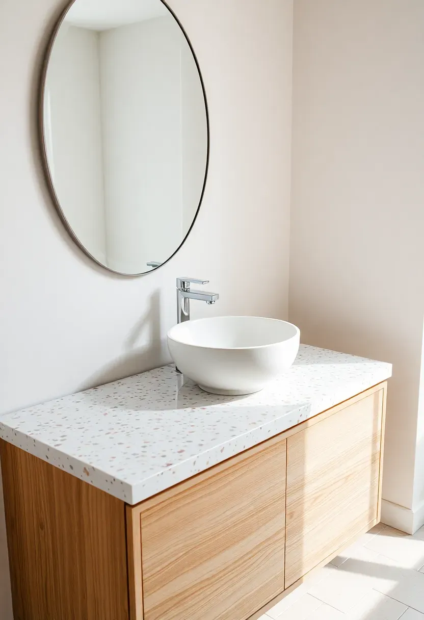 Terrazzo bathroom countertop with colorful chips of marble in a white cement base on a floating vanity