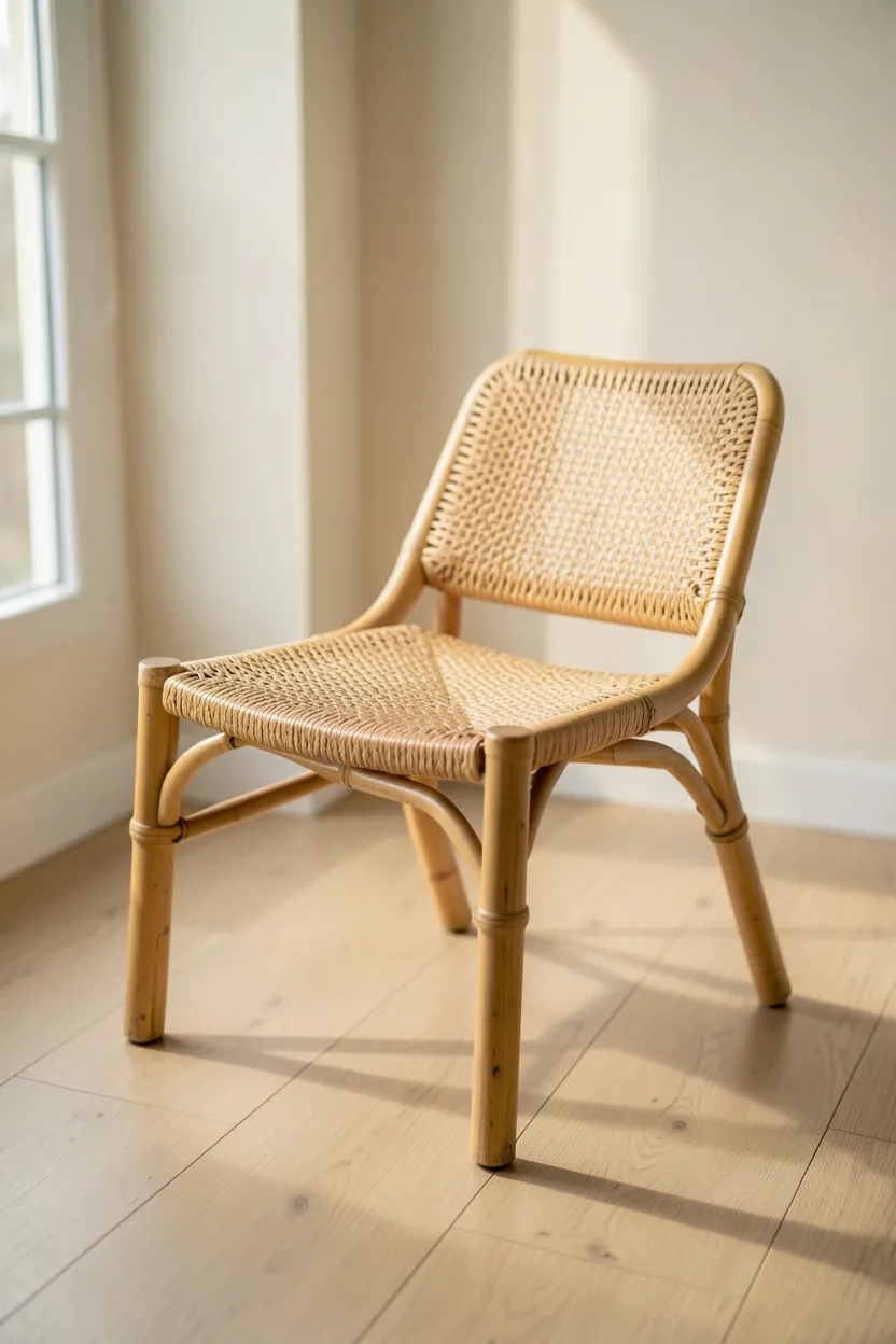 Rattan accent chair with linen cushion beside a bamboo side table in a bright minimal apartment