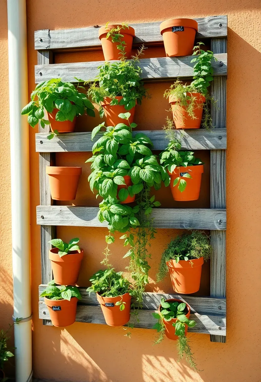 Vertical herb garden wall with labeled terra cotta pots of basil rosemary and thyme mounted on a wooden pallet frame in a sunny backyard