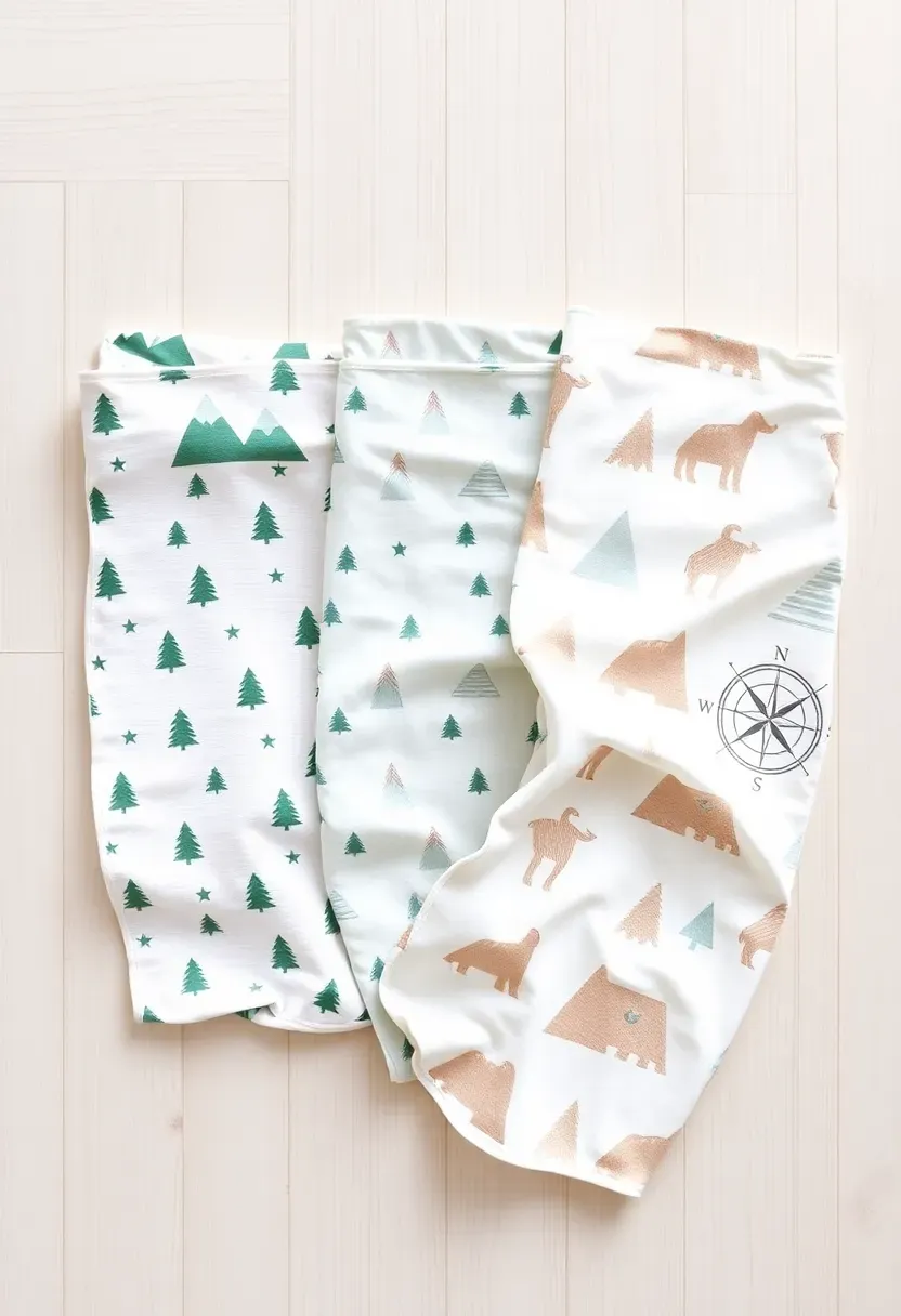 adventure themed muslin swaddle blanket set with mountain and forest prints for baby boy