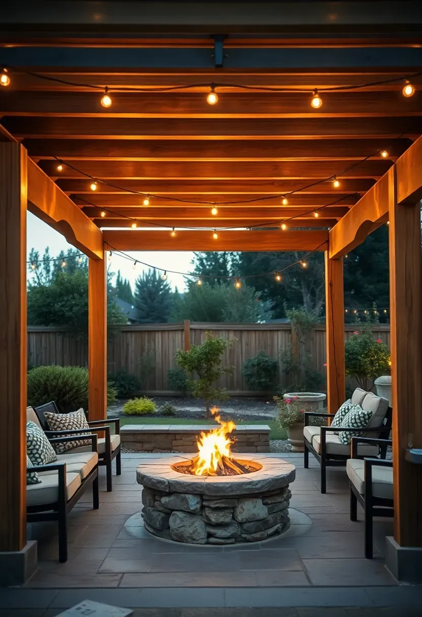 Hyper-realistic 3/4 view of a covered firepit area showing a pergola structure with open slat roof over a circular stone firepit with fire visible, with string lights hanging from pergola rafters and outdoor furniture arranged beneath, creating a protected outdoor room. Materials: natural timber pergola with visible joinery, stone or concrete firepit base, warm string lights with visible bulbs, comfortable outdoor seating with cushions, paver or stone patio surface, garden visible beyond pergola posts. Evening lighting with fire glow combining with string lights to create magical outdoor room atmosphere, defined space created by pergola structure. Romantic entertaining space feeling. Shallow depth of field emphasizing firepit and pergola foreground with seating and garden context visible beyond. No text, no logos, no watermarks.</p>