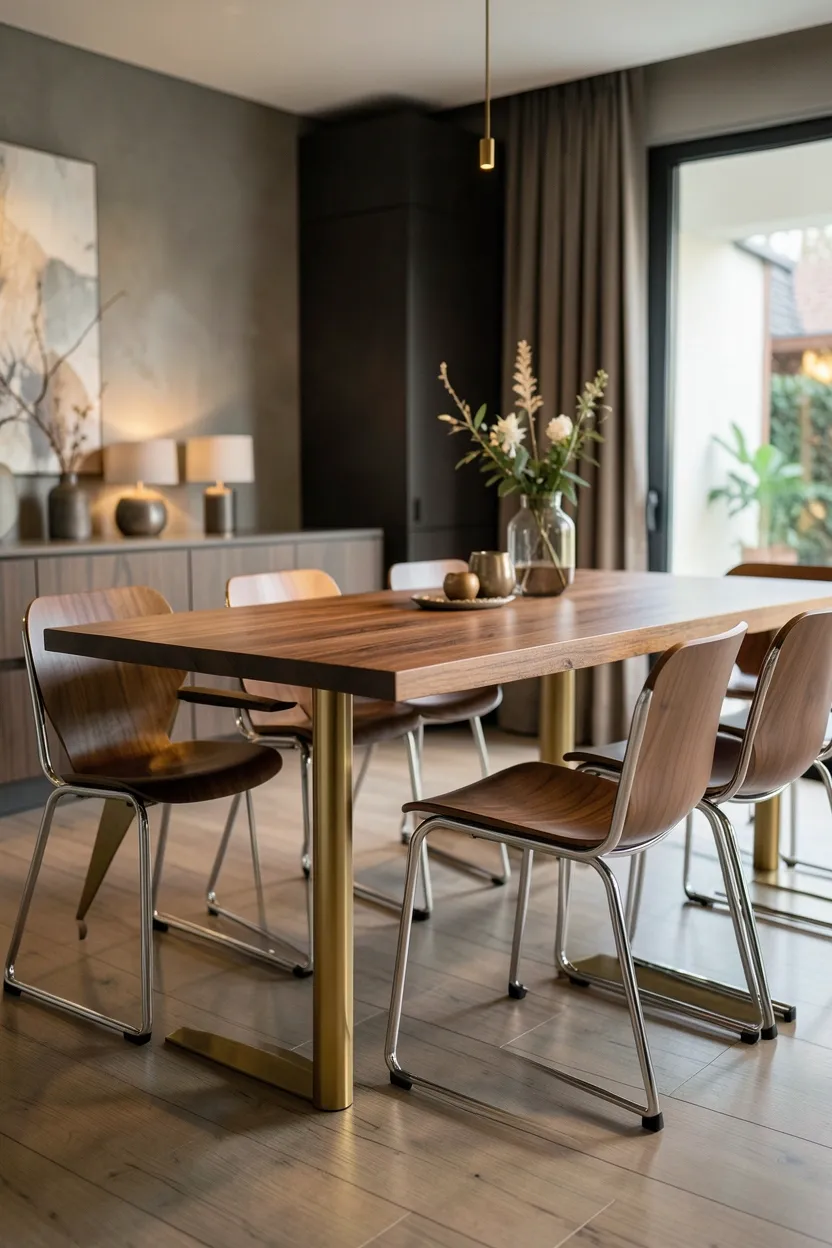 Low bench with black metal hairpin legs, light oak seat, and charcoal leather cushion
