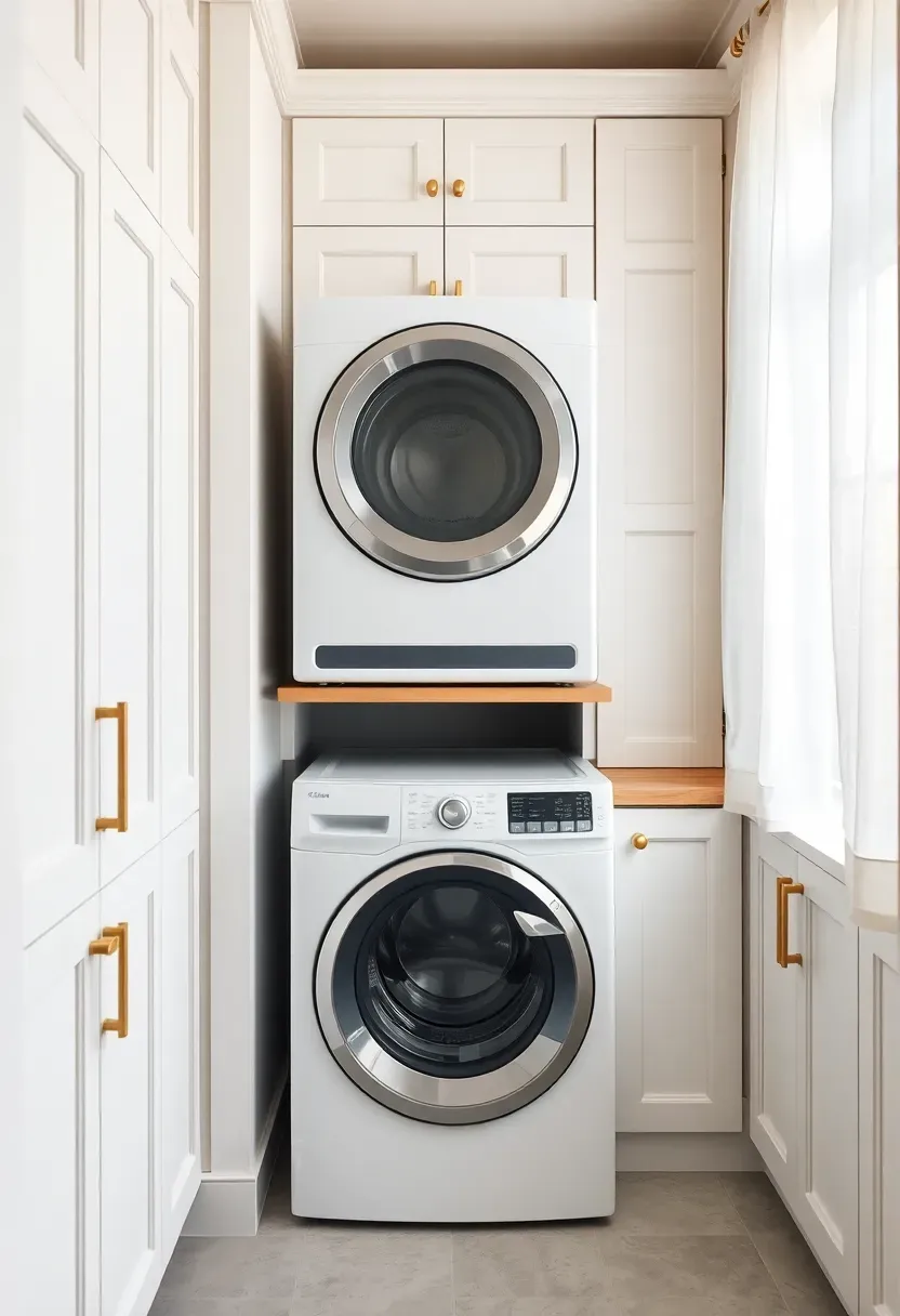Floor-to-ceiling white cabinetry surrounding a modern stacked washer and dryer in a bright laundry room with brass pulls