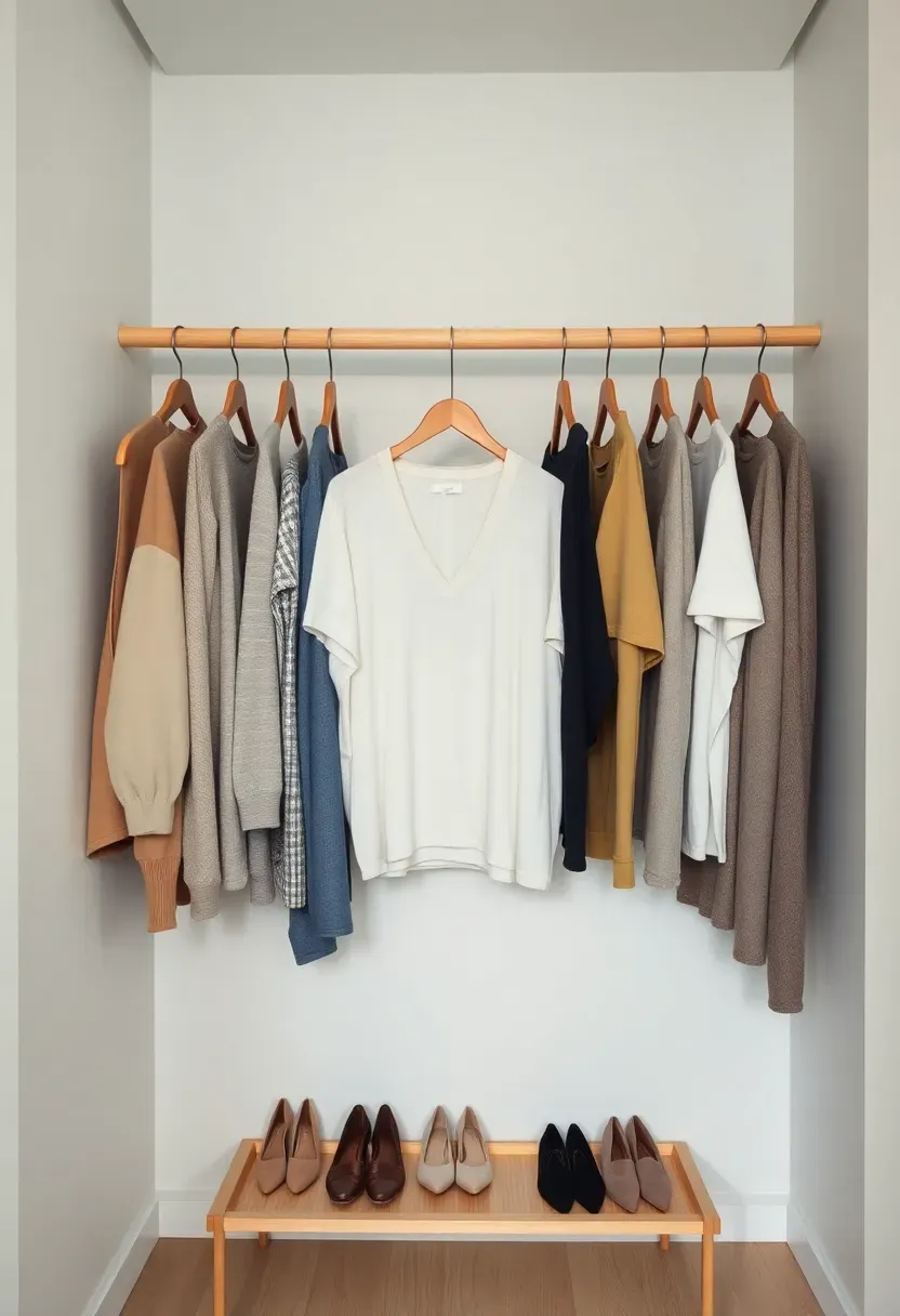 Hyper-realistic 3/4 view of a danshari-inspired minimalist closet with exactly twenty items hanging on matching wooden hangers, three pairs of shoes neatly arranged below on simple shelf. Materials: light oak wooden hangers, varied fabric textures showing quality basics in coordinating neutral palette, light wood shoe shelf, white closet interior. Even natural illumination from overhead creating soft shadows without harsh contrast. Organized arrangement with visible breathing room between items, nothing overstuffed. Shallow depth of field focusing on center garments. No text, no logos, no watermarks.</p>