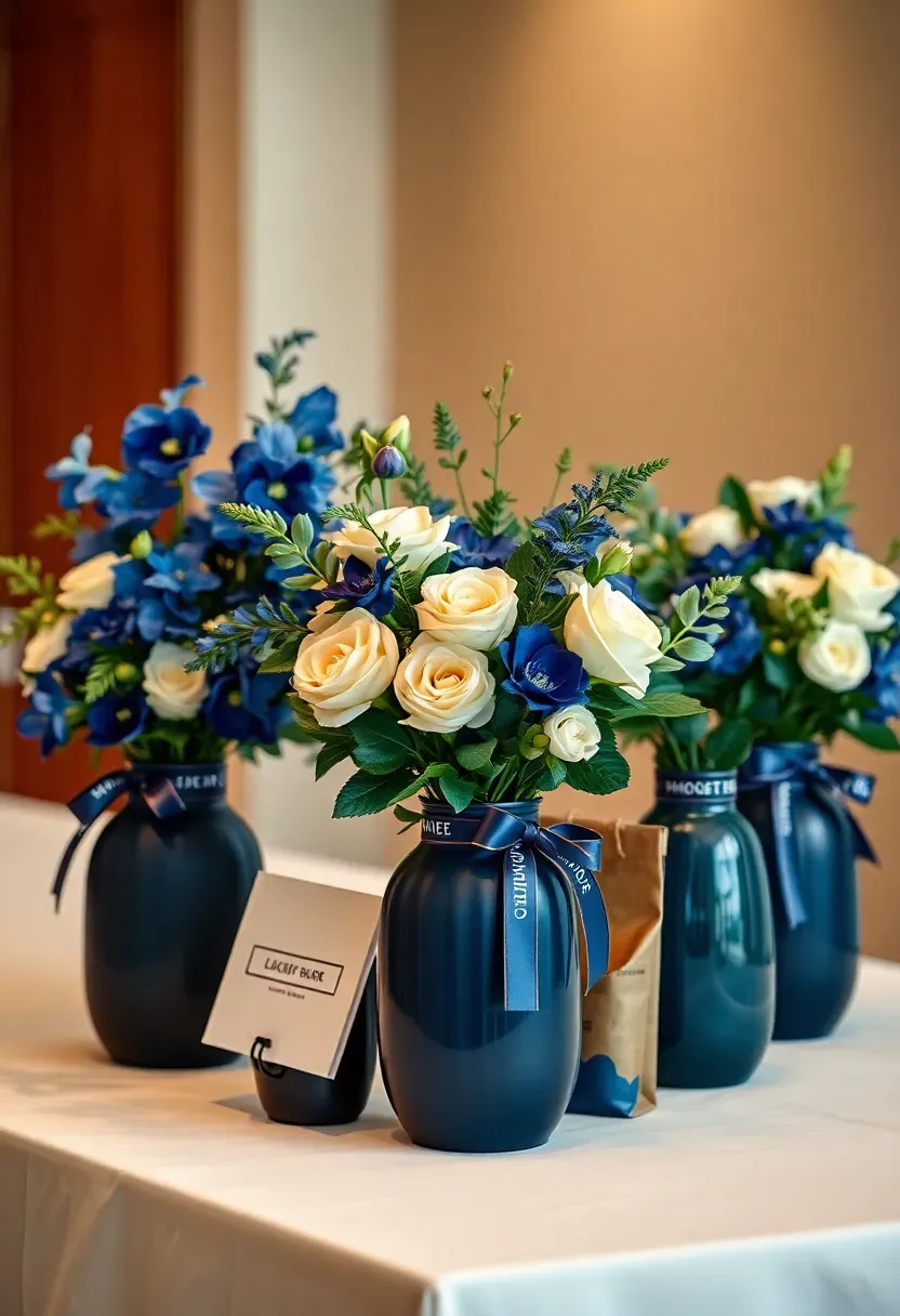 Corporate event branded flower bar with company colors in the floral arrangements, branded ribbon, and a custom sign on a professional display table