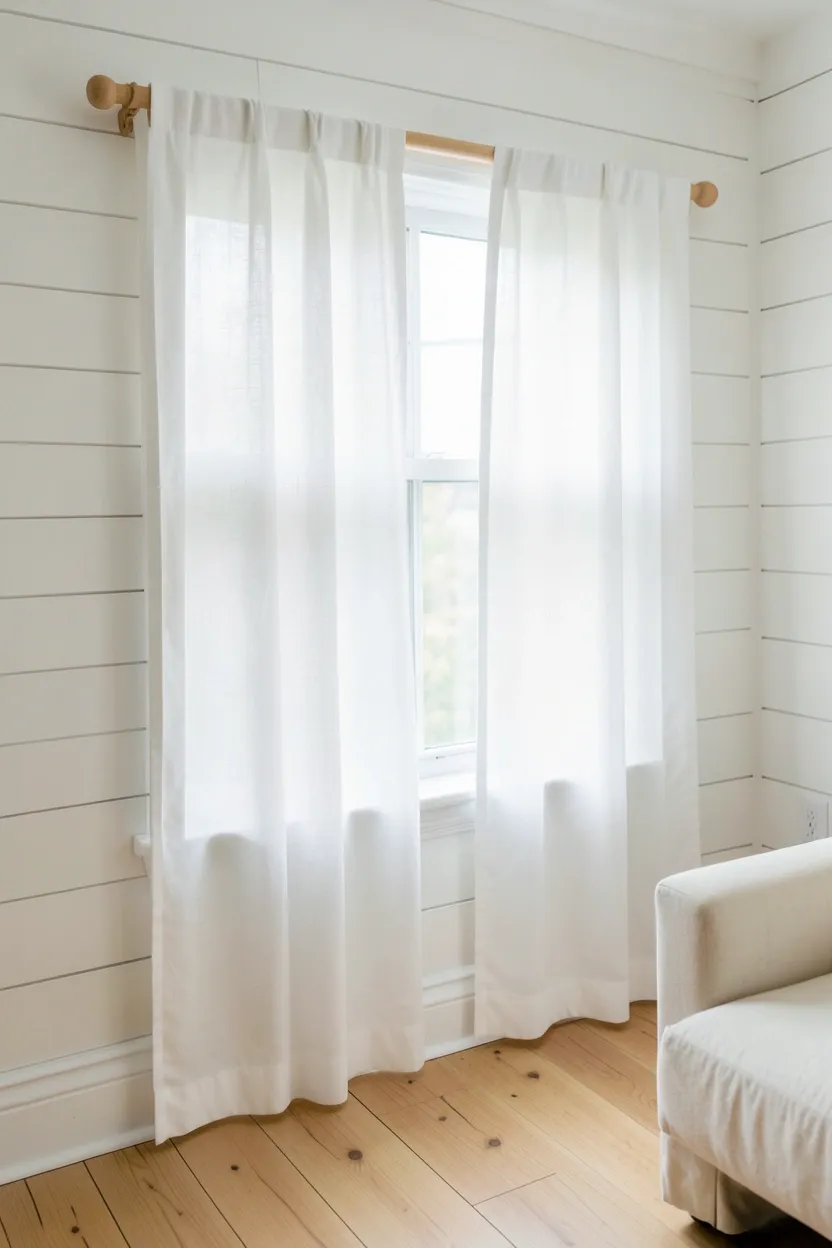 Simple white linen curtains on a wooden rod in a bright minimalist farmhouse living room