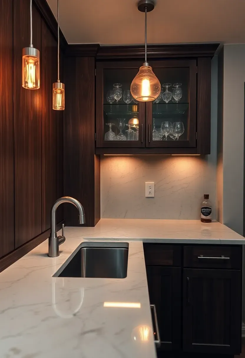 Basement wet bar area with dark cabinetry, quartz countertop, undermount sink, glass-front shelving, and pendant lighting