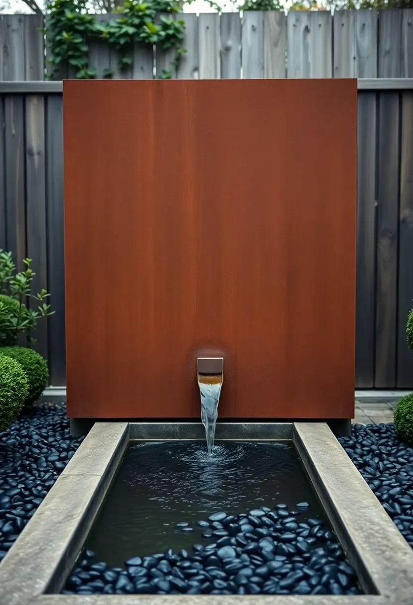 Modern minimalist Corten steel water wall panel with thin water sheet flowing into narrow rectangular basin bordered by boxwood and black pebbles