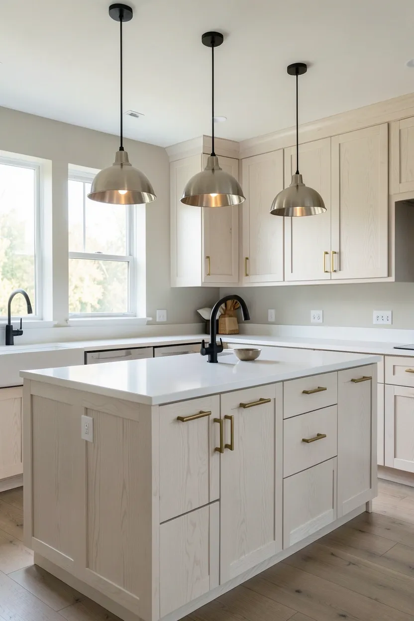 Hyper-realistic wide shot of a modern kitchen with white oak cabinets featuring mixed hardware finishes. White oak flat-panel cabinets throughout with visible natural grain. Brass bar pulls and handles on cabinet doors and drawers create warm accents. Matte black faucet at sink provides sophisticated contrast. Three pendant lights in brushed nickel hang over island. Brass cabinet knobs on island. White quartz countertop. Neutral walls. Natural light from windows highlights various metal finishes. Clean surfaces. No text, no logos, no watermarks.</p>
