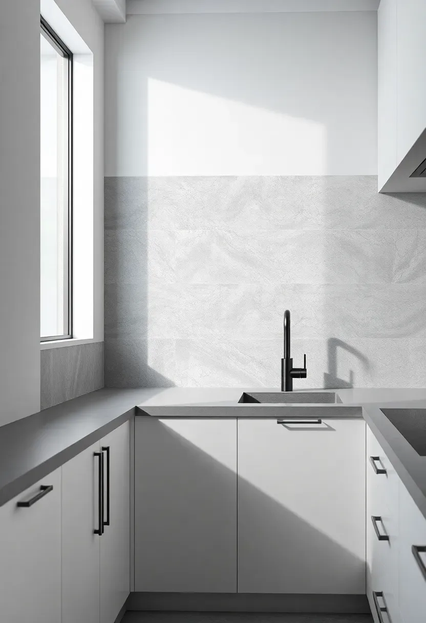 concrete-look large porcelain slab used as a seamless backsplash in a minimalist kitchen