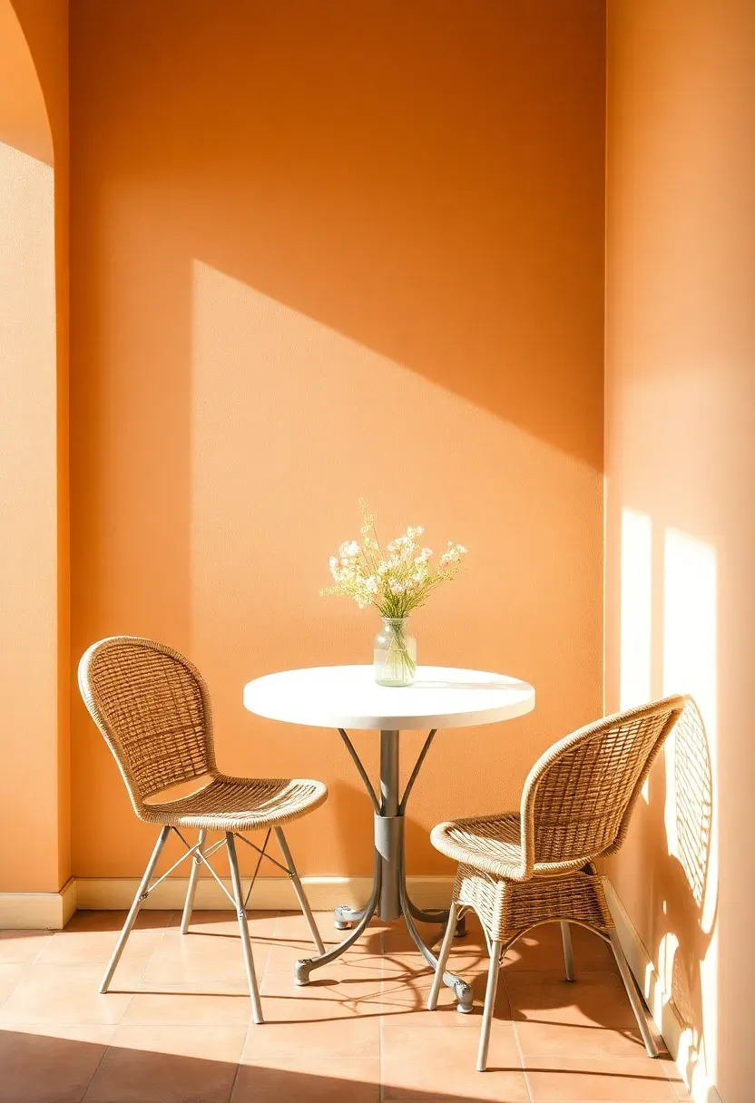 sunlit breakfast nook painted in sun-bleached apricot with wicker chairs and fresh flowers