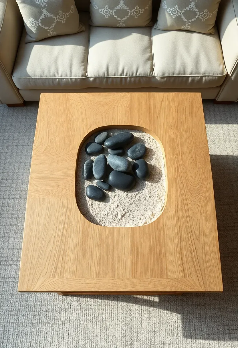 Hyper-realistic top-down 3/4 view of minimalist Japandi living room coffee table featuring recessed central area with smooth river stones and raked sand pattern, solid wood edges, low sofa visible in background. Materials: warm white oak table top, dark gray stones, white sand, beige sofa beyond. Soft natural daylight, gentle shadows emphasizing texture, contemplative and serene atmosphere. Sharp details on stone texture and wood grain, clean composition, no clutter, no text, no watermarks.</p>
