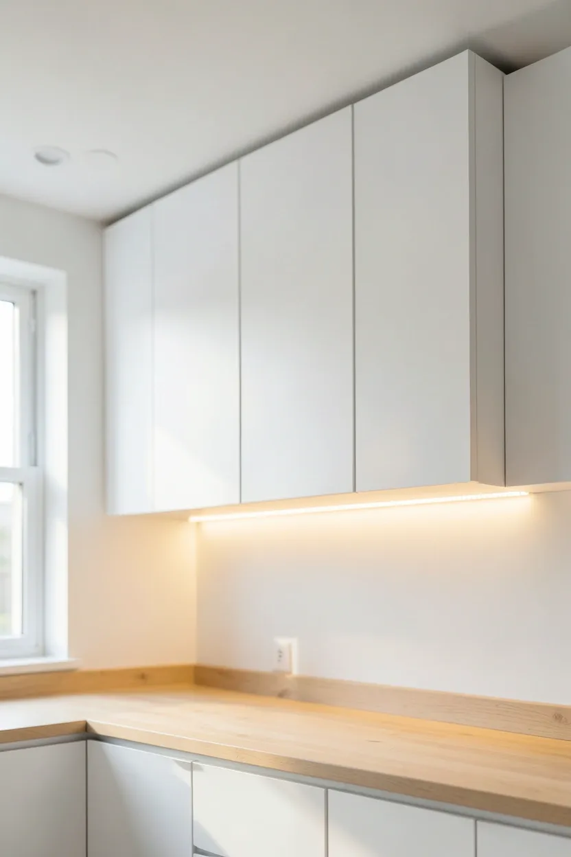 White upper kitchen cabinets floating with a gap below the ceiling — airy Nordic kitchen style with under-cabinet lighting in a small apartment