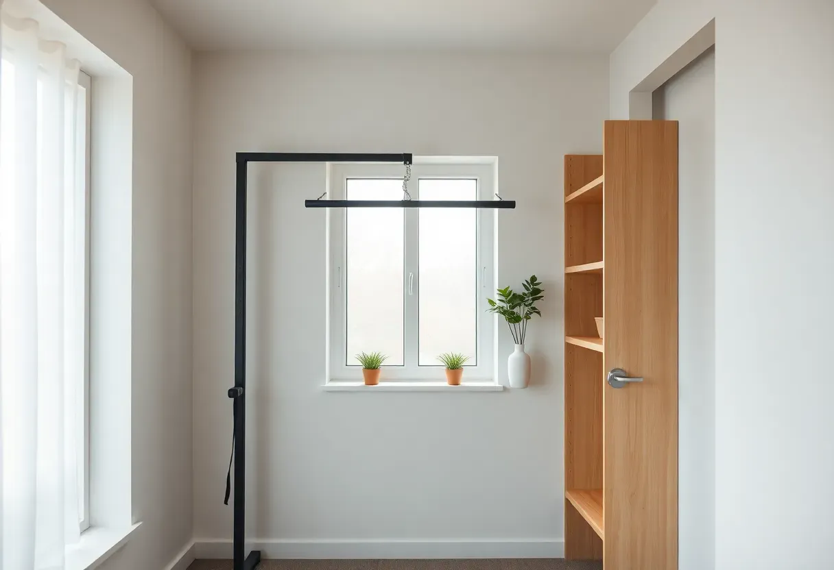 Compact home gym setup in a small apartment space with wall-mounted equipment and rubber flooring