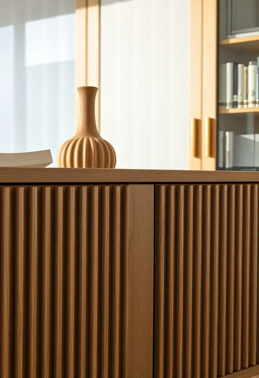 Living room console table with fluted oak front panels, a ribbed ceramic vase, and a reeded glass cabinet visible in the background