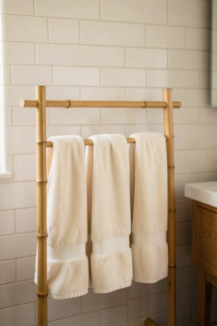 Natural bamboo towel rack with folded linen towels in a minimalist japandi bathroom — warm golden tones
