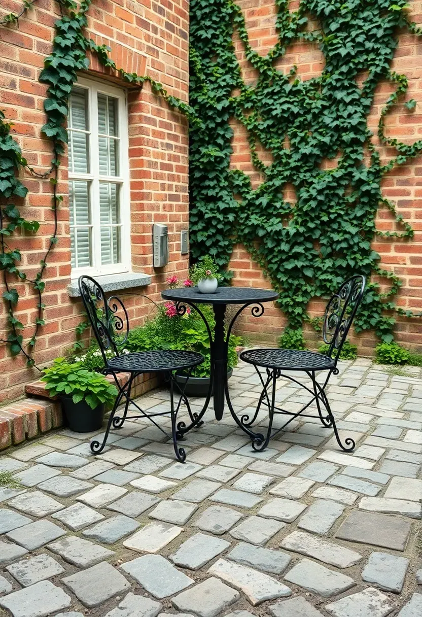 A charming cobblestone backyard patio with an old European feel, wrought iron furniture, and climbing ivy on a wall