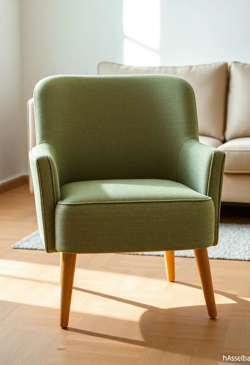 Hyper-realistic 3/4 view of a sage green boucle accent chair with tapered light oak legs. The chair has a rounded back, square seat, clean lines with no tufting or ornamentation. Placed on light oak flooring, with warm white walls behind. A light beige sofa visible in the background. Minimal floor space around chair. Materials: sage green boucle fabric, light oak wood legs. Soft natural lighting. Clean minimalist composition. No text, no logos, no watermarks.</p>