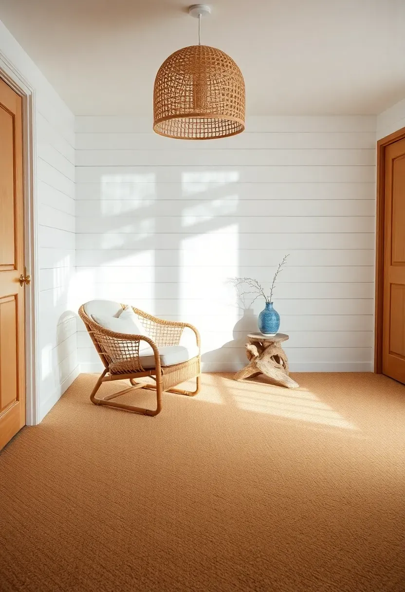 dry finished basement with sisal-look synthetic carpet in a natural woven texture and coastal decor