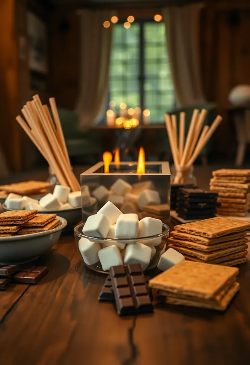 indoor s'mores bar with small tabletop fire pit marshmallows on sticks graham crackers and assorted chocolate bars on a wooden table