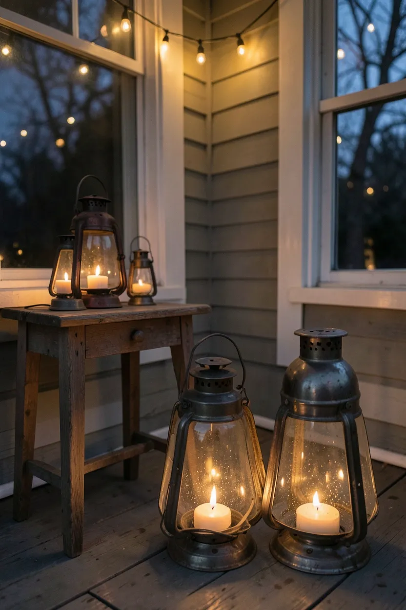 Hyper-realistic eye-level photograph of back porch with assortment of metal and glass lanterns placed on various surfaces: small lanterns on wooden side table, larger lantern on floor, some containing battery-operated candles with soft glow, string lights overhead creating ambient illumination. Evening twilight light. Materials: aged metal, clear and seeded glass, LED candles. Vintage romantic mood. Sharp details on lantern metalwork and glass reflections. No text, no logos, no watermarks.